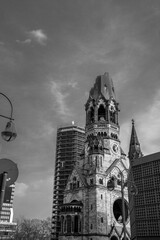 Historic ruins of the Kaiser Wilhelm Memorial Church in Berlin, Germany, a symbol of peace and remembrance after World War II
