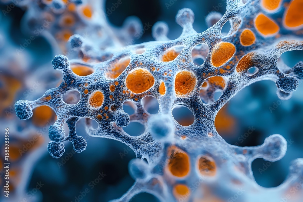 Poster microscopic view of cellular structure with orange spherical organelles embedded in translucent blue