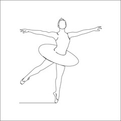 A minimalist one-line drawing of a ballerina in mid-pose, arms outstretched and standing en pointe, expressing elegance, control, and artistic beauty through ballet.