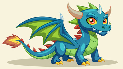 Obraz premium Cute cartoon dragon with blue scales, green wings, big orange eyes and a playful expression standing on a light background