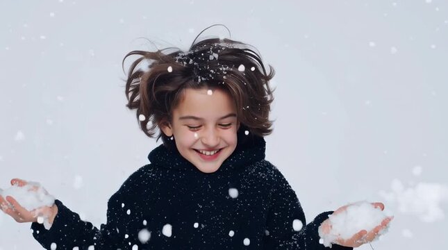 Excited child in dark sweater laughing while holding a pile of snow in hands against a white snowy background