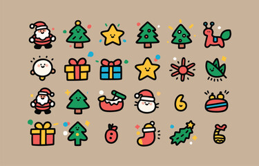 Fototapeta premium Cheerful Christmas cartoon icons: Santa, trees, gifts, stars; festive, playful style.