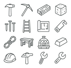 Crafting tools icon collection: simple silhouette hammer, nail, saw, helmet, rope, wrench vector icons