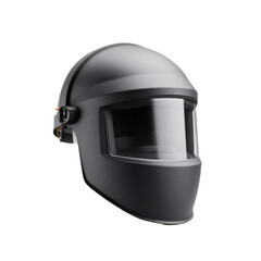 Fototapeta premium A black welding helmet with a large protective visor and adjustable side knob, designed to shield the face and eyes during welding tasks.