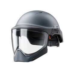 Fototapeta premium A modern, gray protective helmet with a large, clear visor and a sturdy chin guard designed for safety and comfort.
