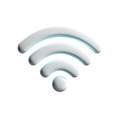 A 3D white Wi-Fi symbol with three curved bars and a dot, representing wireless internet connectivity.