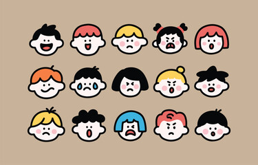 Obraz premium Diverse Children's Cartoon Faces: Happy, Sad, Angry Expressions, Vector Illustration