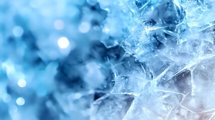 Fototapeta premium Ethereal ice crystals with delicate frost patterns in blue tones create magical winter texture with bokeh light effects in background, macro photography for seasonal designs.