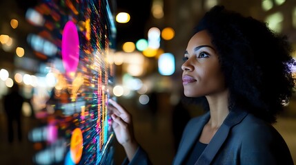 Young African American businesswoman interacting with colorful digital display screen in urban night setting, illuminated by vibrant neon lights and bokeh background.