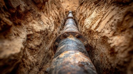 High-quality photo of metal pipe in trench, pipeline construction in ground, old underground water line and dirt. Concept of technology, oil, gas, work, dig.