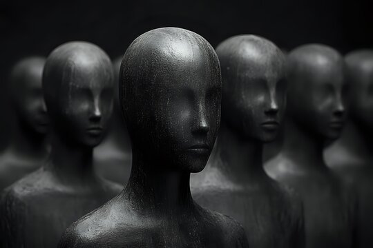 Dark and moody composition of metallic mannequin heads arranged in rows, creating dramatic shadows and reflections against black background. Artistic concept.