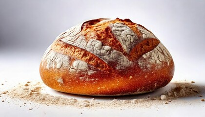 A rustic loaf of sourdough bread placed centrally on a white backdrop