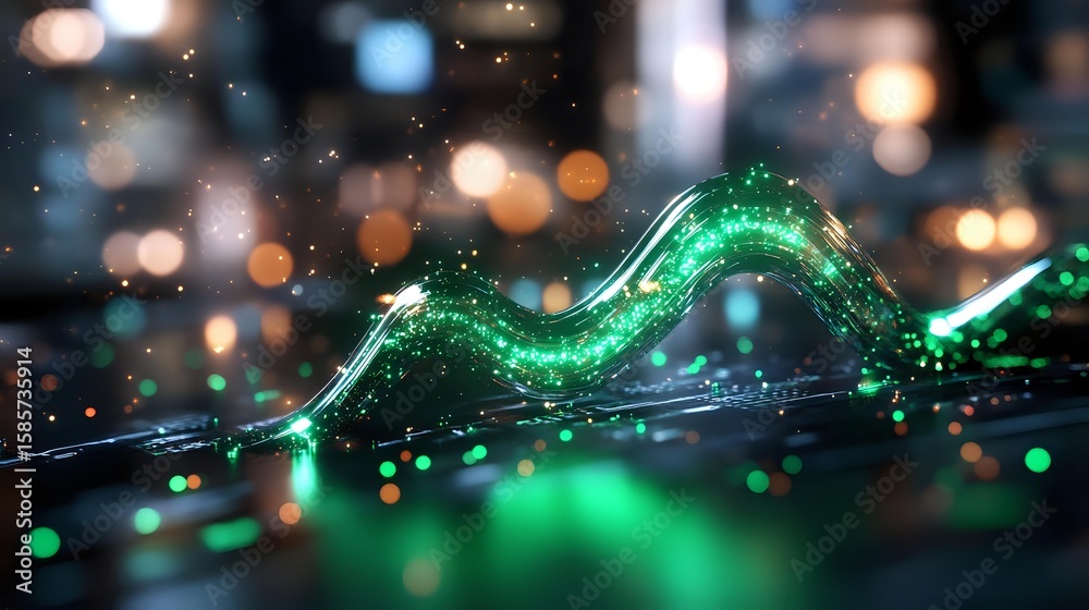 Poster glowing green wave of digital particles flows through dark space with bokeh light effects, creating 