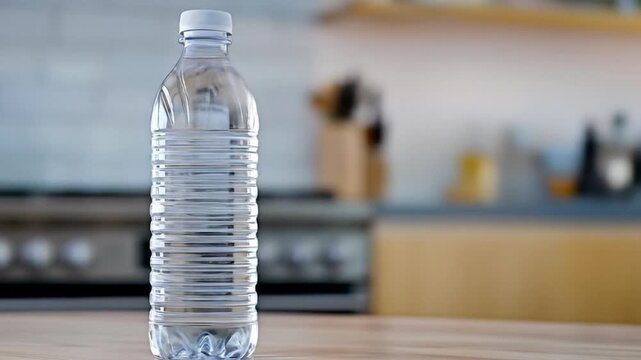 Clear plastic water bottle on a table
