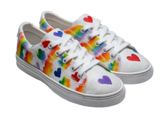 Rainbow tie dye canvas sneakers with hearts, Isolated On White, Transparent Background, Png