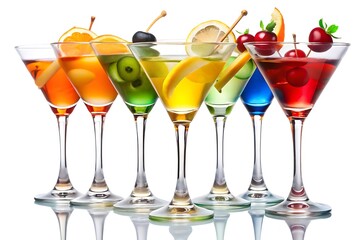 A vibrant collection of colorful cocktails in martini glasses, garnished with fruit