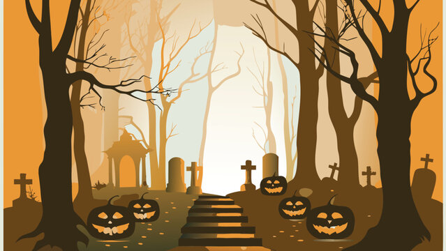 A spooky halloween scene with pumpkins and gravestones in a misty forest graveyard setting view of trees