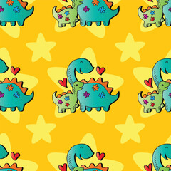 Seamless pattern with cute dinosaurs family and stars. Vector illustration.