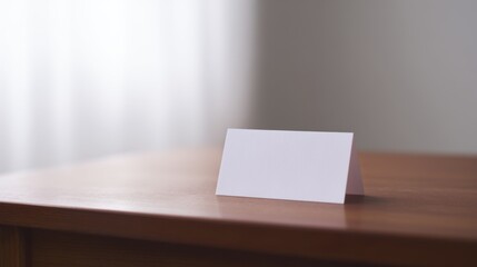 Minimalistic scene featuring a plain white place card standing upright on a polished wooden table with a softly blurred gradient background transitioning from light to muted gray.
