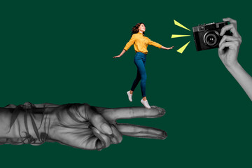Full 3d artwork trend collage of happy girl stand peace gesture glove victory retro camera shooting...