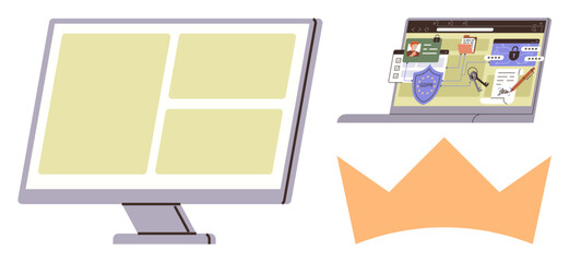 Two screens displaying charts, security badge, and analytics, paired with abstract crown design. Ideal for data visualization, security, innovation, leadership authority creativity tech. Simple