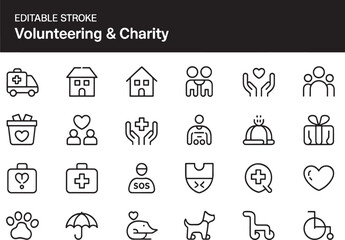 Volunteer & Charity Icon Set Editable Stroke Line Art