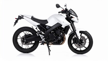 Obraz premium A sleek white motorcycle with black detailing, poised against a white background—symbolizing urban speed, modern design, and engineered freedom