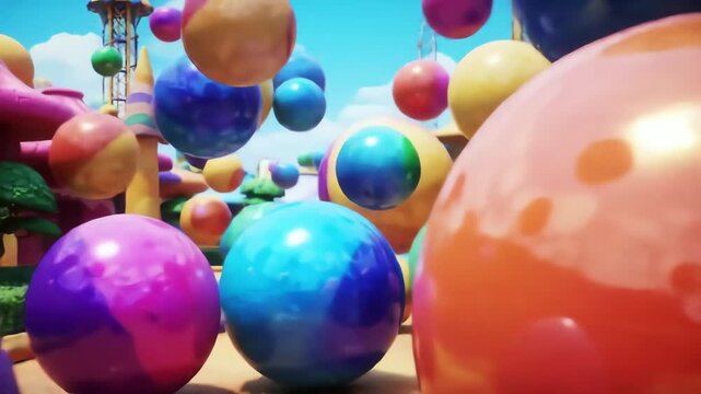 A surreal animated journey through a fantasy candyland with colorful bouncing balls and whimsical structures