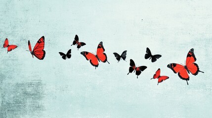Red and Black Butterflies in Flight on Textured Background