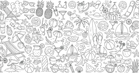 Hand drawn summer beach doodles, vacation holiday elements, tropical drinks, surfboards, flip flops, fun line art, seamless pattern design