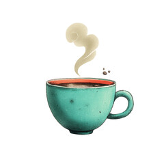 Vintage Teal Cup with Steam Rising, Isolated on White Background