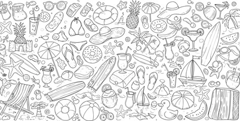 Hand drawn summer beach doodles, vacation holiday elements, tropical drinks, surfboards, flip flops, fun line art, seamless pattern design