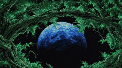 Animated deep blue planet is framed by twisting branches and bright green leaves