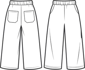 Wide leg lounge pants flat sketch, front and back view, fashion technical drawing, elastic waist casual trousers, apparel design template