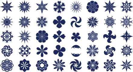 Set of abstract geometric shapes, decorative vector symbols, star floral spiral icons, modern graphic elements, symmetrical design collection, navy silhouettes