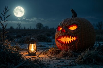 Spooky halloween pumpkin. A scary jack-o'-lantern with glowing eyes sits in a field at night with a full moon and a lantern.
