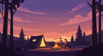 camping landscape camper silhouettes loving couple trailer mountains forest bonfire evening sunset outdoor recreation travelling illustration
