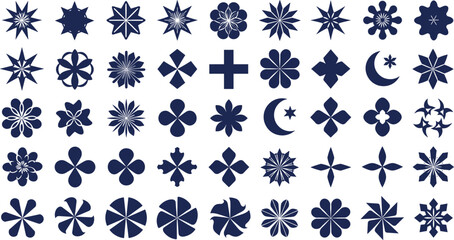 Set of abstract geometric shapes, decorative vector symbols, star floral spiral icons, modern graphic elements, symmetrical design collection, navy silhouettes