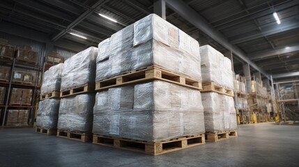 High-quality photo of pallet of wrapped food products in warehouse.