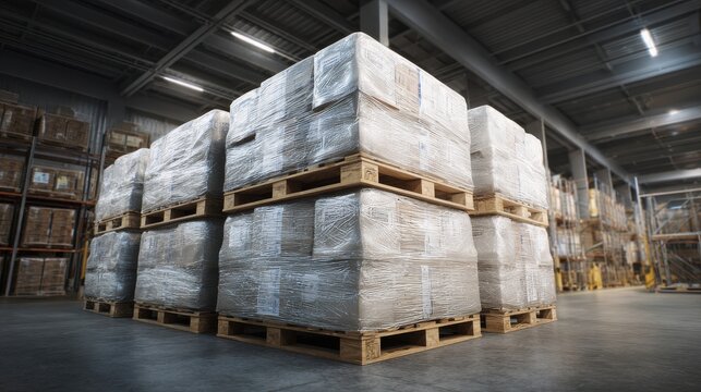 High-quality photo of pallet of wrapped food products in warehouse.