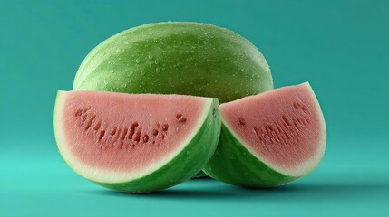 Fresh watermelon with slices, vibrant green rind and pink flesh.