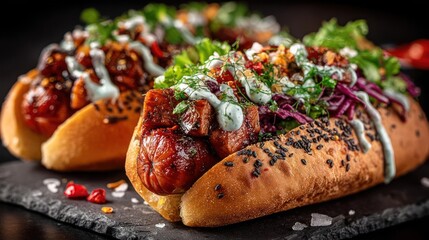 Delicious hot dogs with toppings on a dark surface.