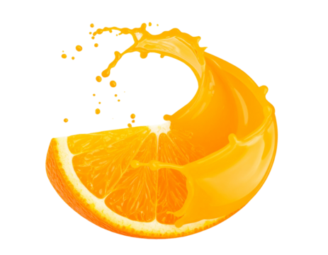  Curved Swirl of Orange Juice Splash with Droplets, High-Speed Effect, Transparent Background