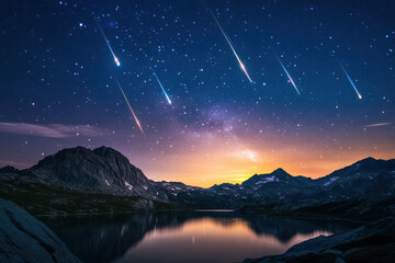 A dazzling night sky features a mesmerizing meteor shower. Glowing white, blue, and gold streaks illuminate the indigo expanse, creating an awe-inspiring celestial display.