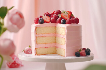 A gender reveal cake with pink sponge layers and berry filling. The cake's modern design beautifully contrasts pastel hues with vivid berry tones for a striking visual impression.