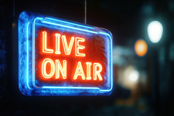 A classic "LIVE ON AIR" neon sign radiates in vibrant orange-red amidst a cyan-blue frame. This illuminating piece highlights its vintage charm and stylish glow, perfect for any broadcasting setup.