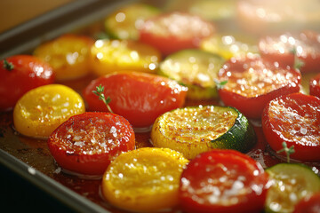 A sheet pan brimming with roasted bell peppers, zucchini, and cherry tomatoes. The vegetables are blistered and glistening, capturing the essence of a vibrant and healthy dish.