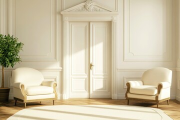 Fototapeta premium Elegant and Spacious Interior of a Bright Room with Two Cream Armchairs and Decorative Green Plant Near White Door Against Soft Natural Light