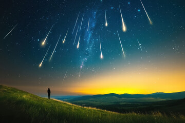 A vast field lies under a breathtaking night sky filled with shooting stars. The spectacle of meteors illuminates the midnight-blue heavens, creating a serene and mesmerizing natural phenomenon.