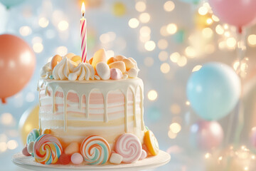 A two-tiered birthday cake is adorned with pastel frosting and vibrant candy embellishments. The colorful lollipops and marshmallow accents create a whimsical and celebratory dessert centerpiece.
